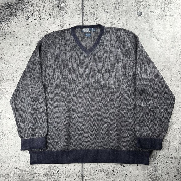 Polo Ralph Lauren Alpaca Wool Herringbone Mens Sz XL V-Neck Lightweight Sweater